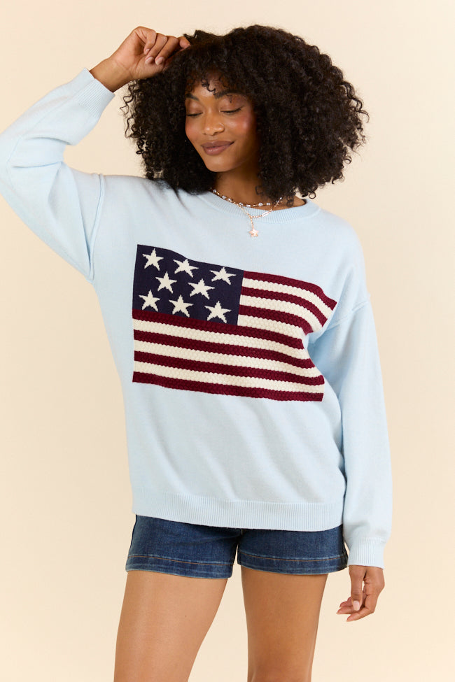 Home Of The Free Light Blue Textured Flag Sweater FINAL SALE-Sunny Prom