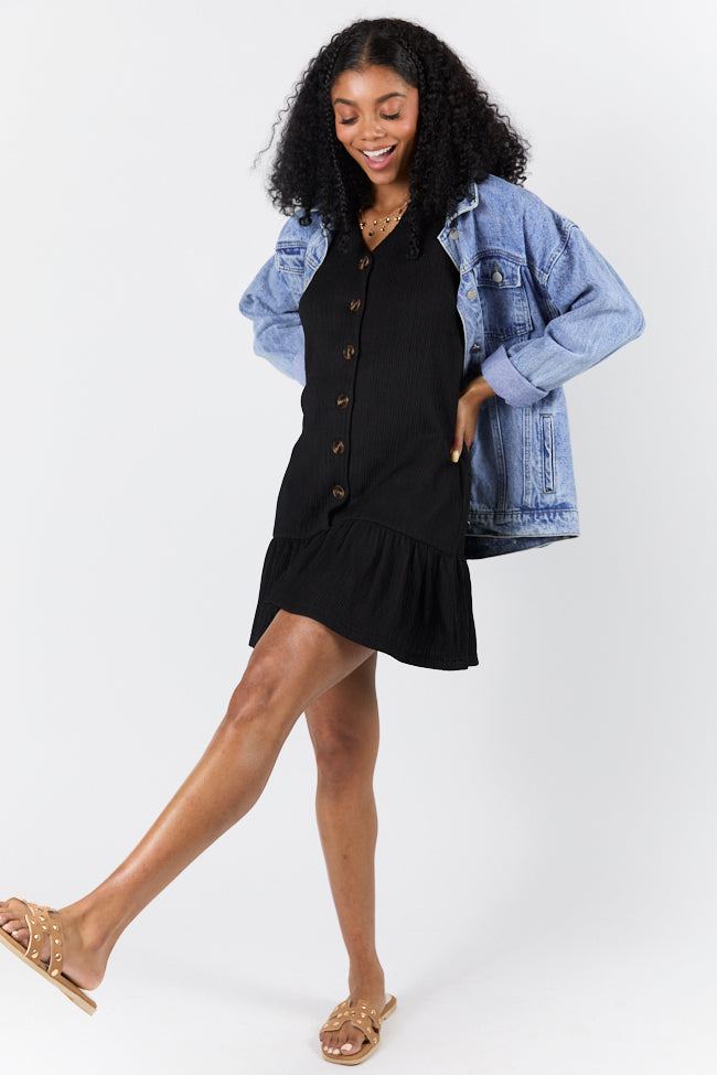 Sunset Romance Black Knit Button Front Mini Dress SALE-Sunny Prom