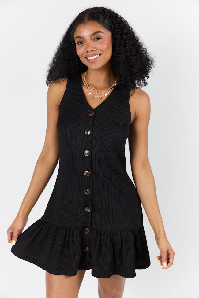 Sunset Romance Black Knit Button Front Mini Dress SALE-Sunny Prom