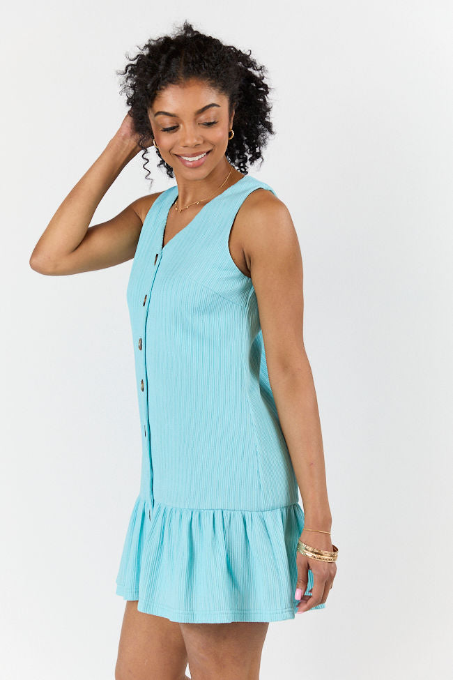 Sunset Romance Light Blue Knit Button Front Mini Dress FINAL SALE-Sunny Prom
