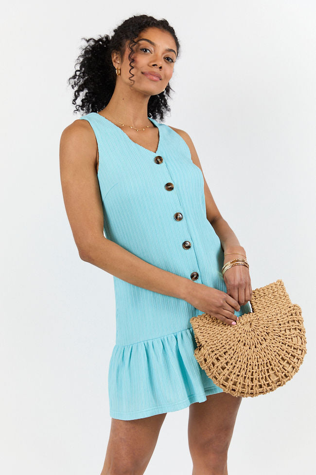 Sunset Romance Light Blue Knit Button Front Mini Dress FINAL SALE-Sunny Prom