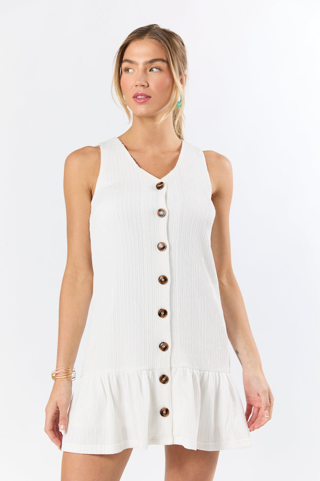 Sunset Romance White Knit Button Front Mini Dress FINAL SALE-Sunny Prom