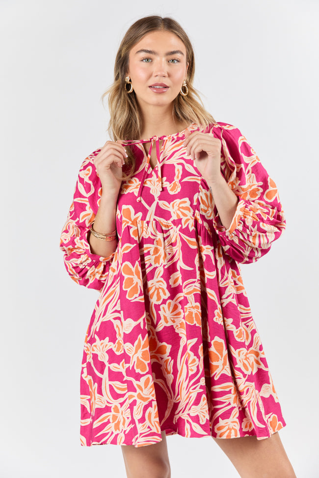 Keep The Flowers Fuchsia Floral Print Long Sleeve Mini Dress FINAL SALE-Sunny Prom