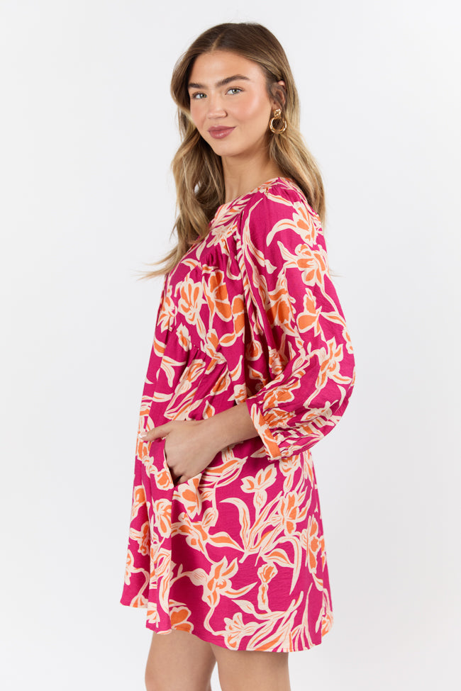 Keep The Flowers Fuchsia Floral Print Long Sleeve Mini Dress FINAL SALE-Sunny Prom