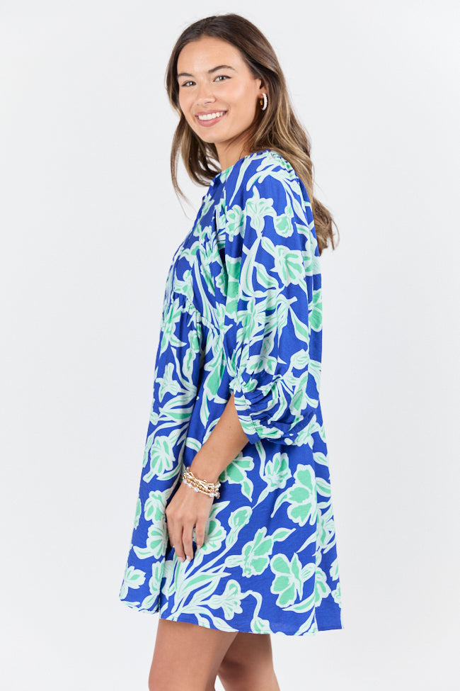 Keep The Flowers Blue and Green Floral Print Long Sleeve Mini Dress FINAL SALE-Sunny Prom