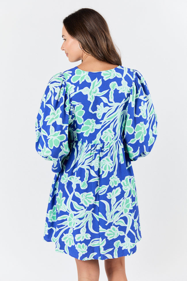 Keep The Flowers Blue and Green Floral Print Long Sleeve Mini Dress FINAL SALE-Sunny Prom