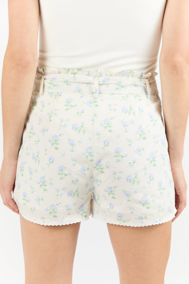 Bouquets Of Love Ivory and Blue Belted Floral Shorts FINAL SALE-Sunny Prom