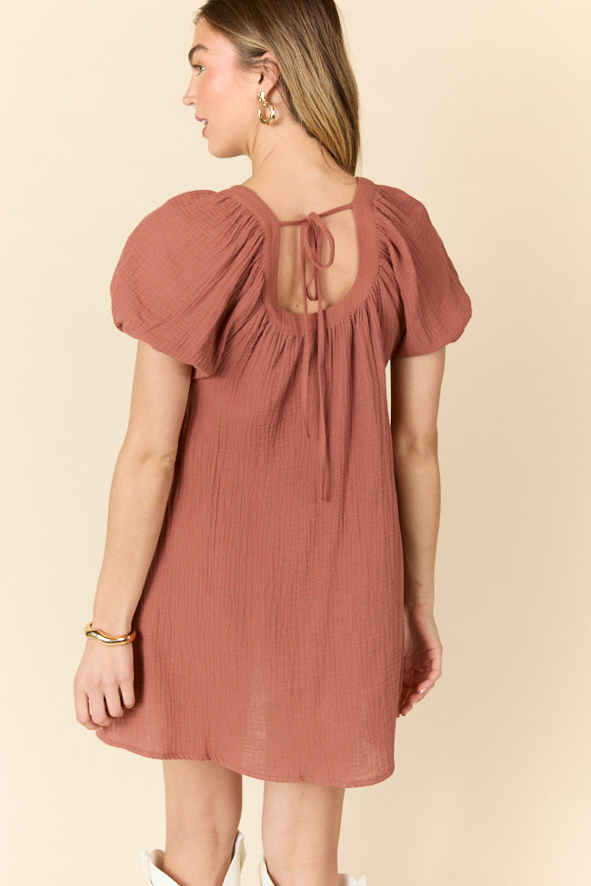 Life Of The Party Brown Gauze Short Sleeve Mini Dress SALE-Sunny Prom