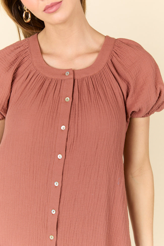 Life Of The Party Brown Gauze Short Sleeve Mini Dress SALE-Sunny Prom