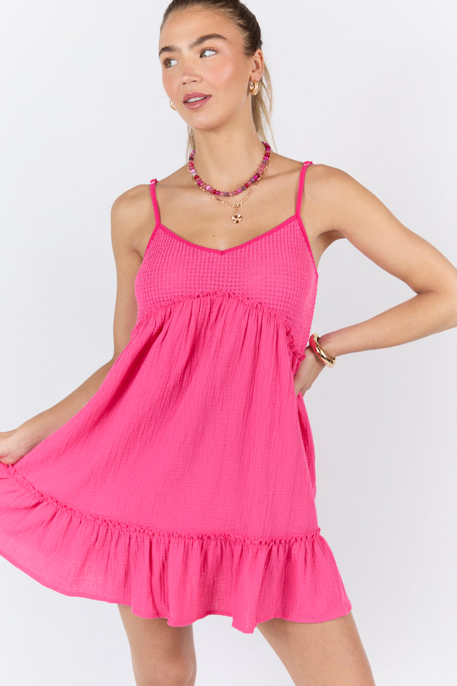 Sunny Day Stroll Pink Waffle & Gauze Mini Dress SALE-Sunny Prom