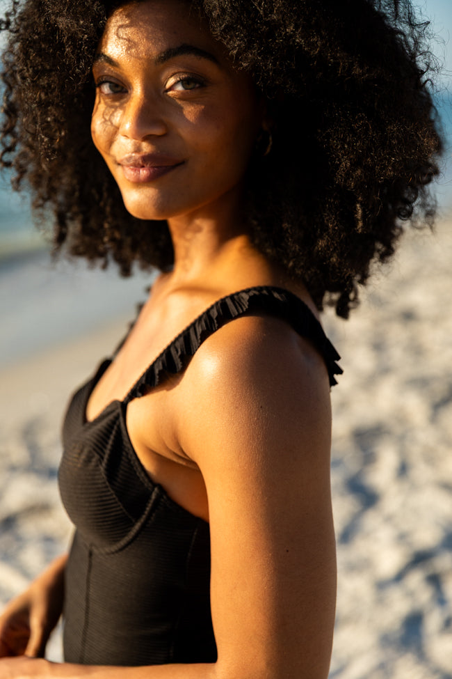 Ride The Waves Black Ruffle Shoulder One Piece Swimsuit FINAL SALE-Sunny Prom