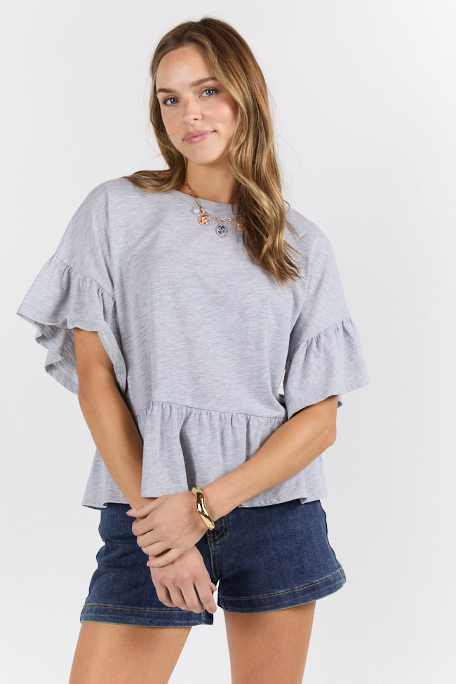 Perfect Grey Knit Ruffle Hem Tee SALE-Sunny Prom