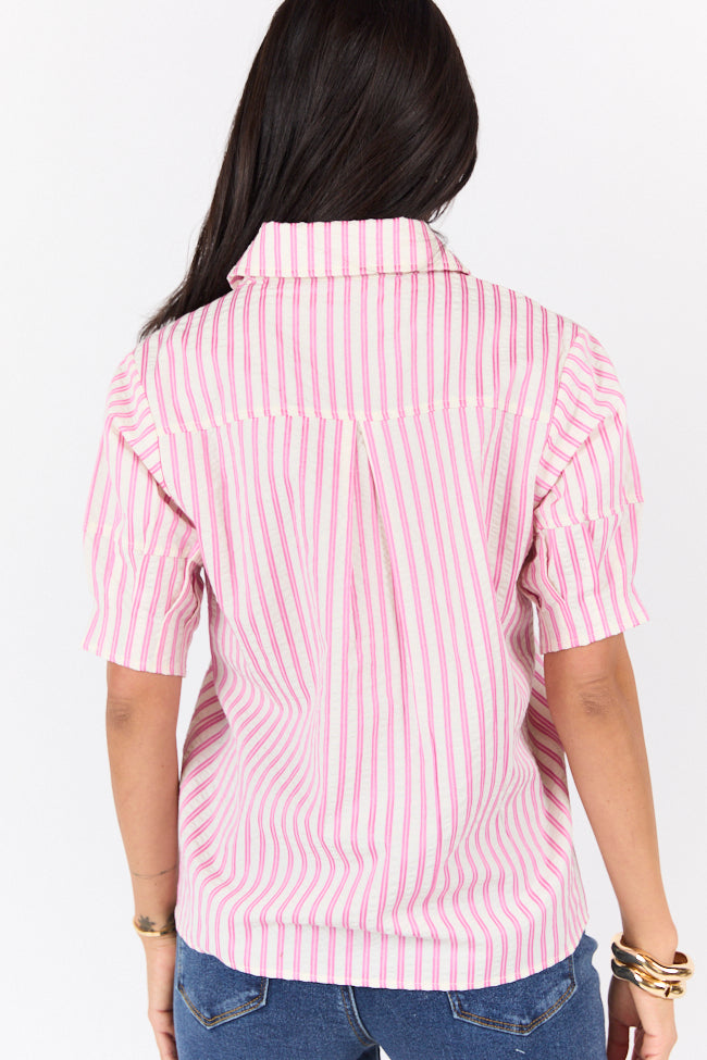 Just For Fun Pink Striped Button Down Short Sleeve Top-Sunny Prom