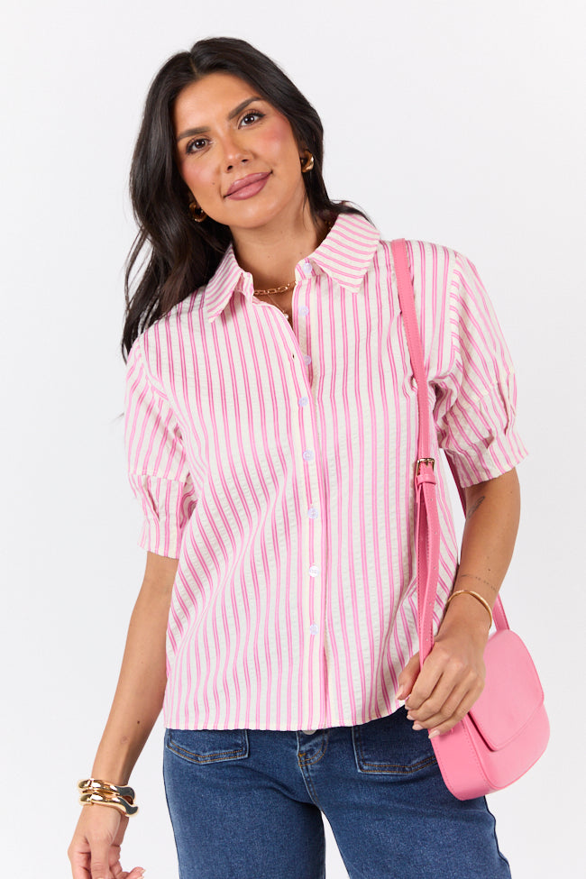 Just For Fun Pink Striped Button Down Short Sleeve Top-Sunny Prom