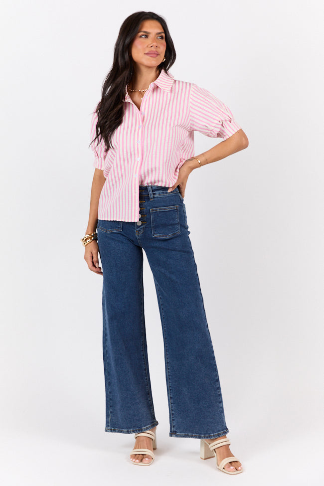 Just For Fun Pink Striped Button Down Short Sleeve Top-Sunny Prom