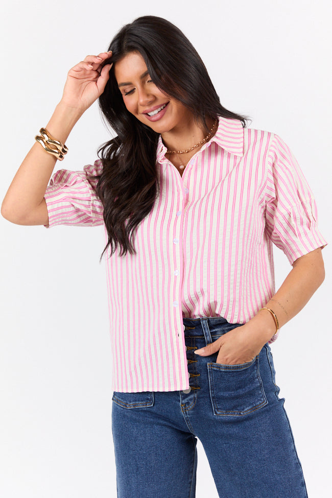 Just For Fun Pink Striped Button Down Short Sleeve Top-Sunny Prom