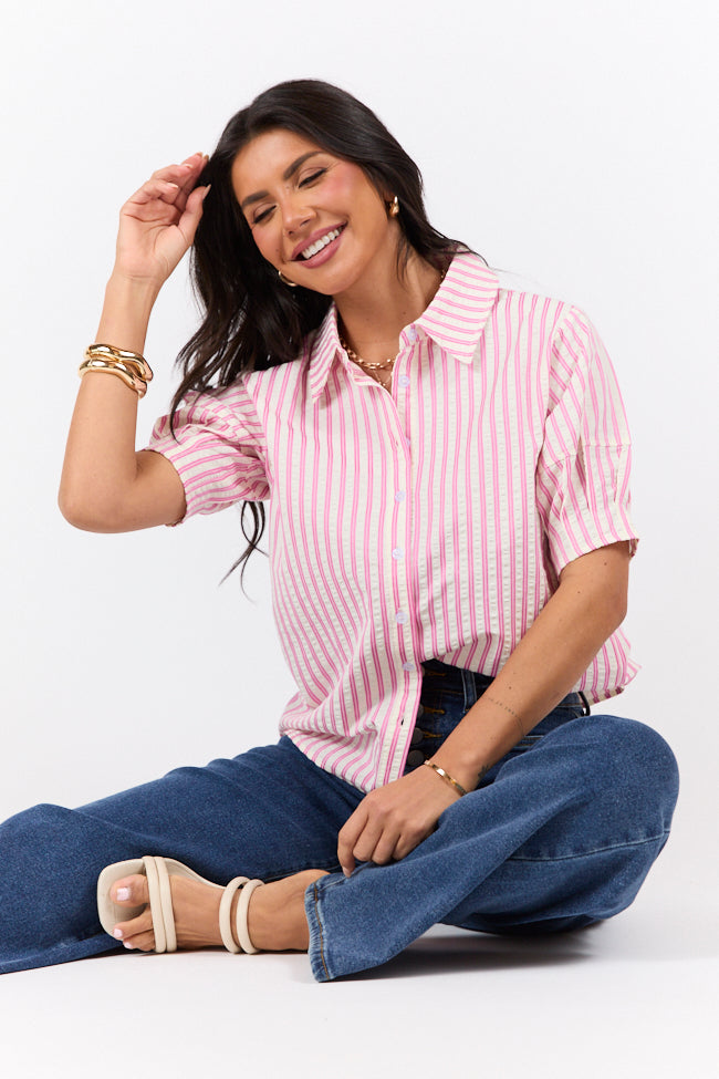 Just For Fun Pink Striped Button Down Short Sleeve Top-Sunny Prom
