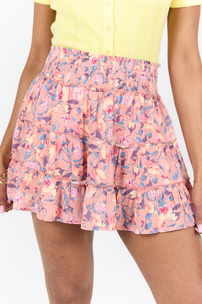 Through The Garden Coral Multi Color Floral Mini Skort-Sunny Prom