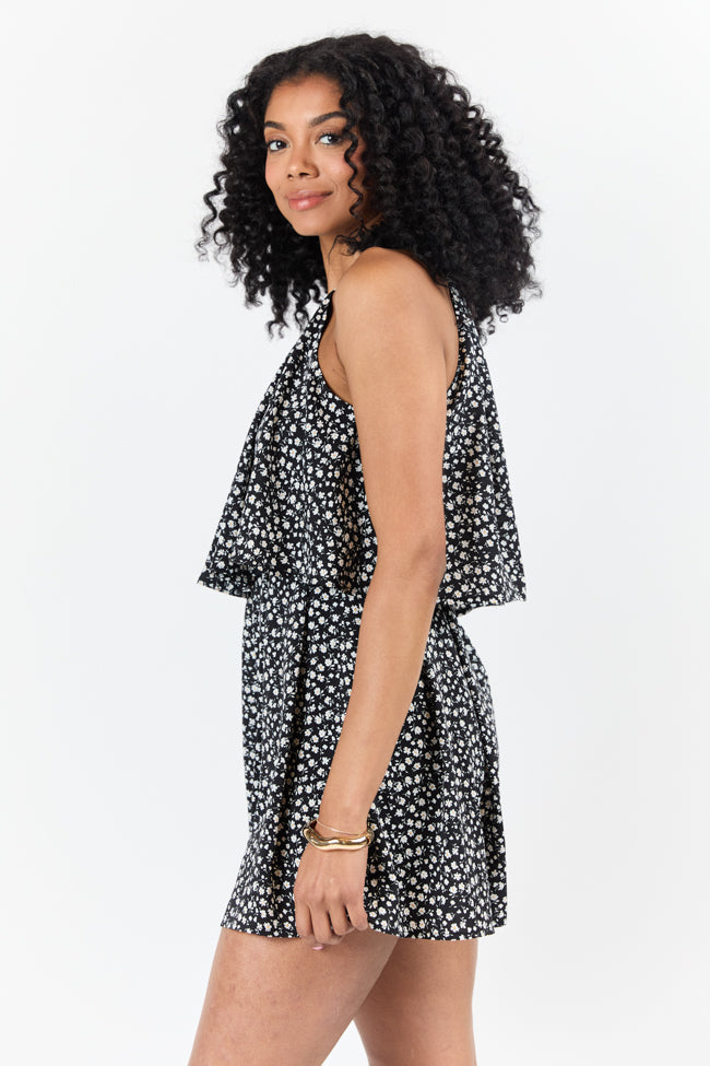 Spotlight Moment Black and White Daisy Print Halter Neck Romper SALE-Sunny Prom