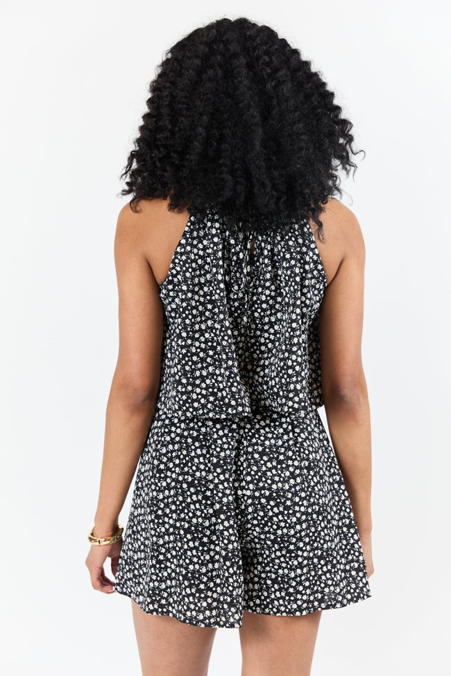 Spotlight Moment Black and White Daisy Print Halter Neck Romper SALE-Sunny Prom