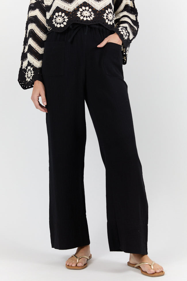 In The Breeze Black Gauze Pull On Wide Leg Pants FINAL SALE-Sunny Prom