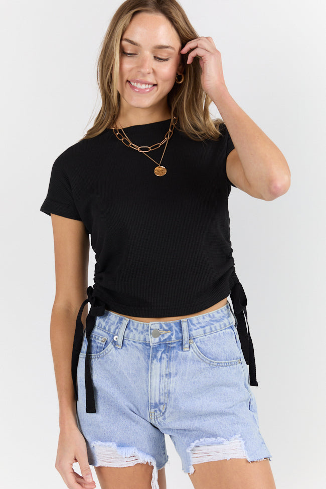 On The Road Again Black Waffle Knit Ruched Side Tee-Sunny Prom