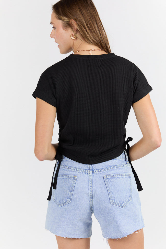 On The Road Again Black Waffle Knit Ruched Side Tee-Sunny Prom