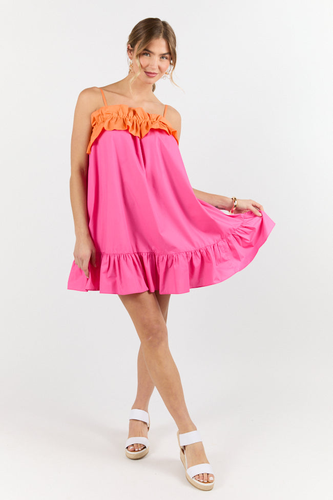 Quick Updates Pink and Orange Ruffle Detail Two Tone Mini Dress FINAL SALE-Sunny Prom