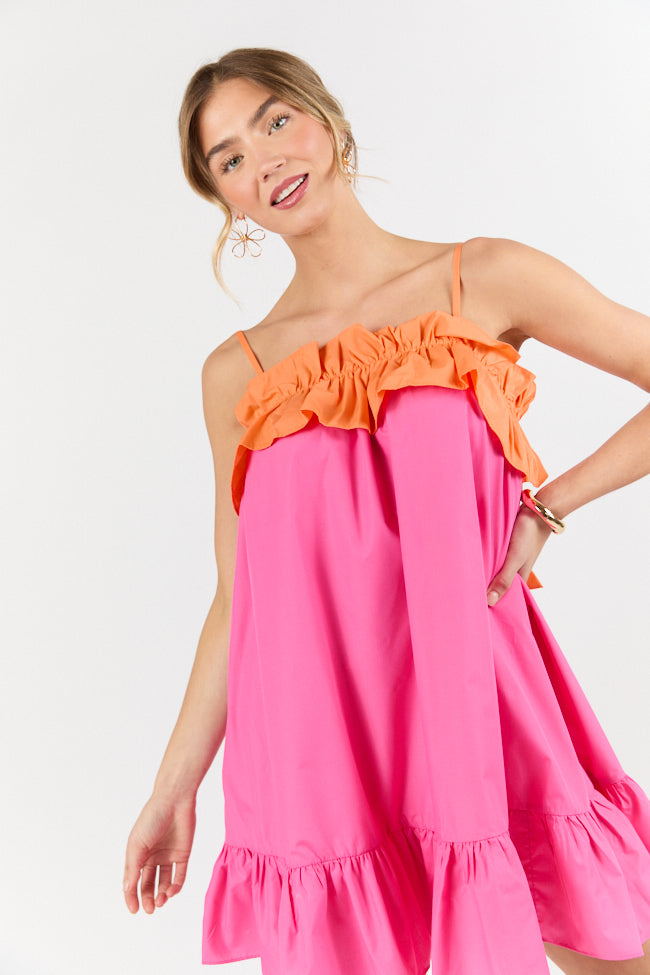 Quick Updates Pink and Orange Ruffle Detail Two Tone Mini Dress FINAL SALE-Sunny Prom