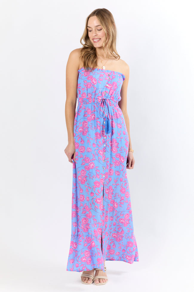 Floral Oasis Blue and Pink Strapless Printed Maxi Dress FINAL SALE-Sunny Prom
