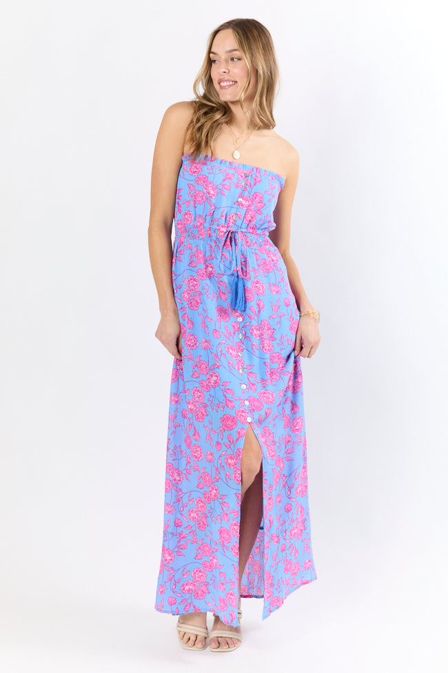 Floral Oasis Blue and Pink Strapless Printed Maxi Dress FINAL SALE-Sunny Prom