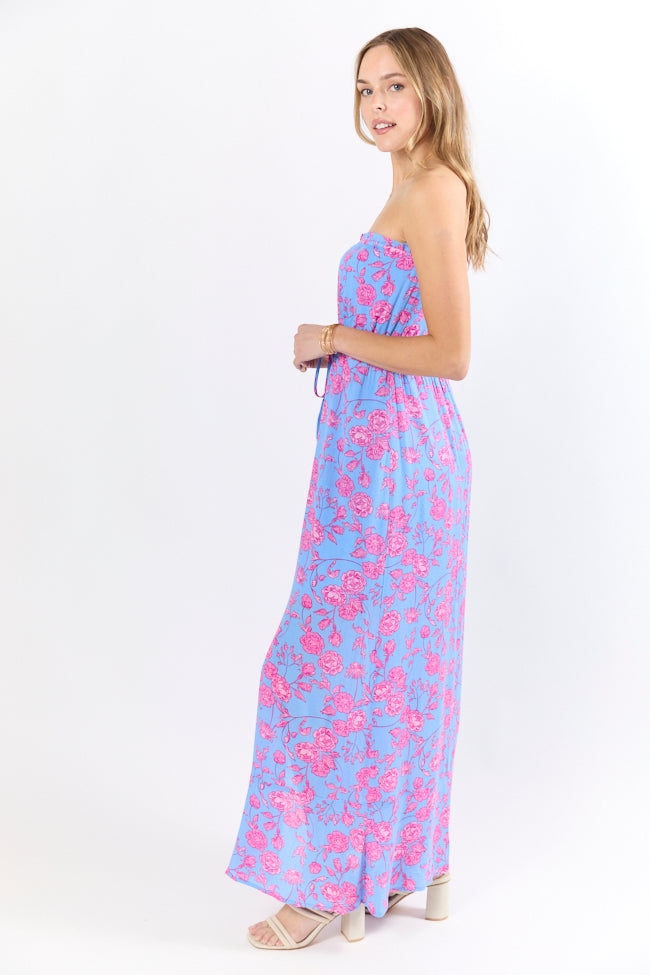 Floral Oasis Blue and Pink Strapless Printed Maxi Dress FINAL SALE-Sunny Prom
