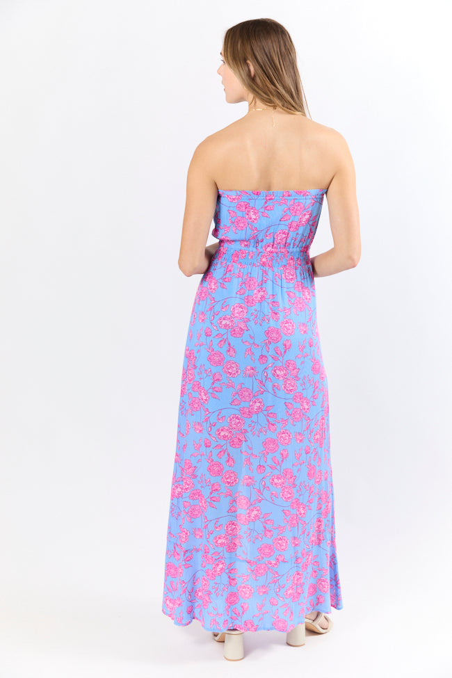 Floral Oasis Blue and Pink Strapless Printed Maxi Dress FINAL SALE-Sunny Prom