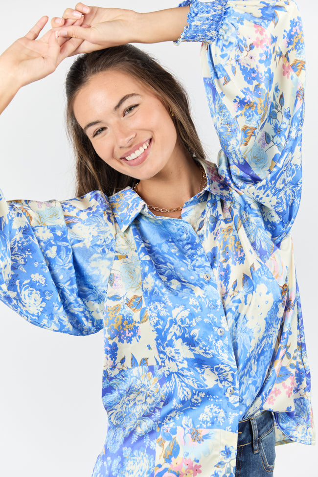 I've Been Waiting Blue Floral Patch Print Satin Button Down Blouse FINAL SALE-Sunny Prom
