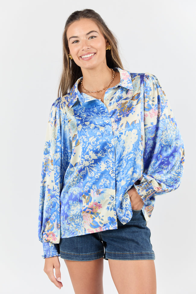 I've Been Waiting Blue Floral Patch Print Satin Button Down Blouse FINAL SALE-Sunny Prom