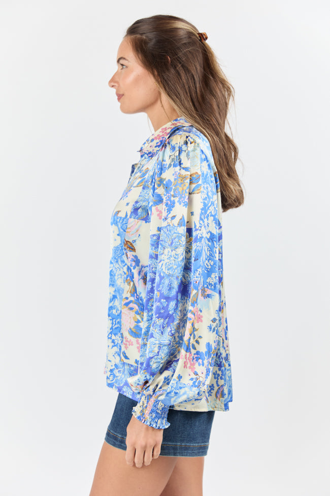 I've Been Waiting Blue Floral Patch Print Satin Button Down Blouse FINAL SALE-Sunny Prom