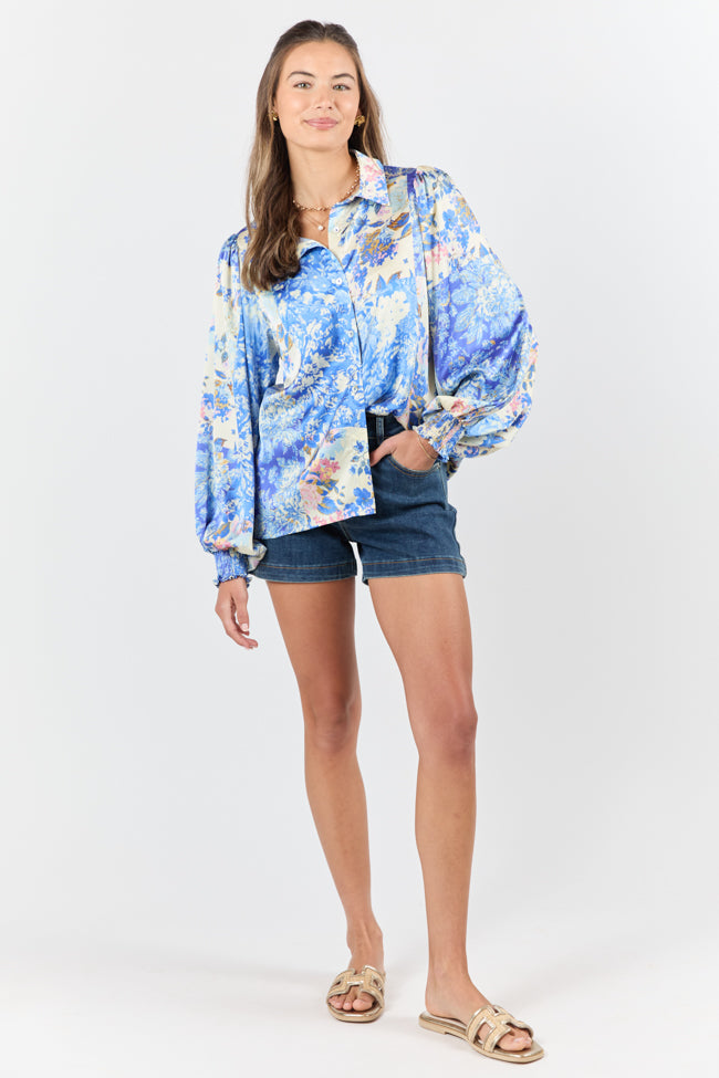 I've Been Waiting Blue Floral Patch Print Satin Button Down Blouse FINAL SALE-Sunny Prom