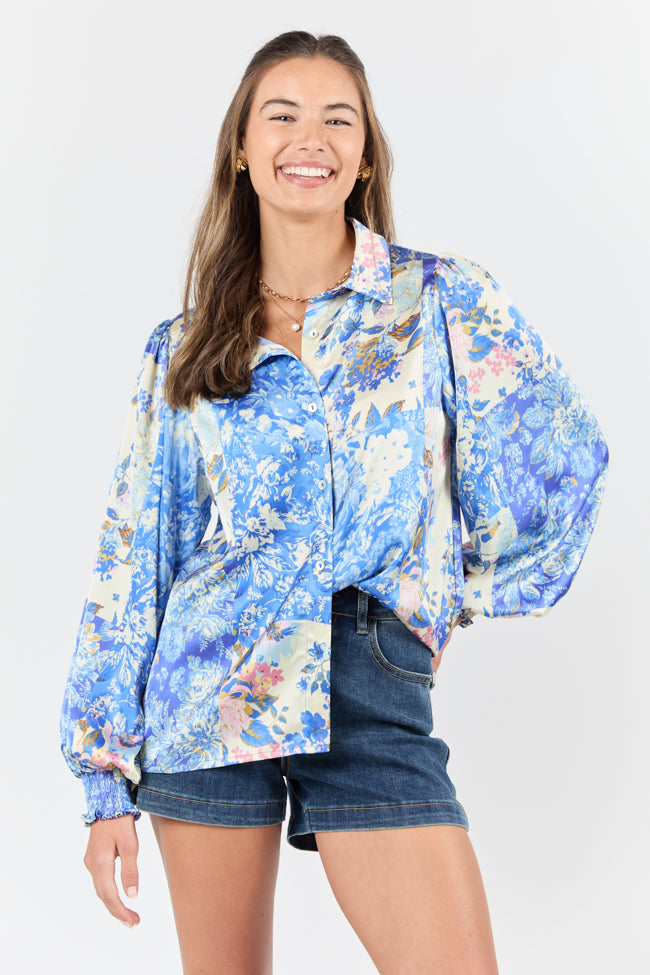 I've Been Waiting Blue Floral Patch Print Satin Button Down Blouse FINAL SALE-Sunny Prom