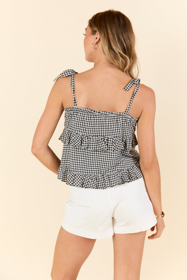 Moonlit Black Gingham Tie Sleeve Tank-Sunny Prom