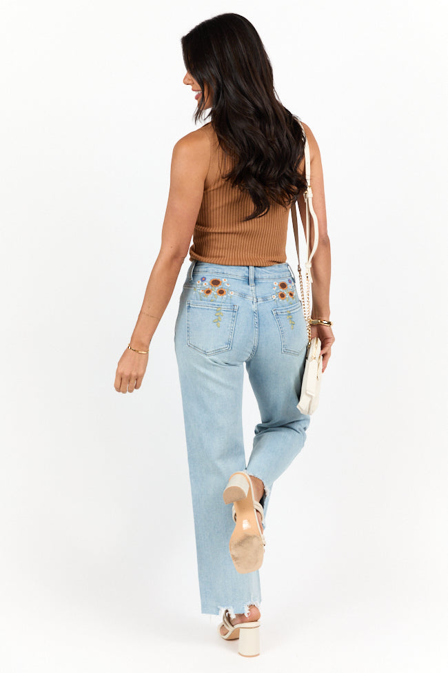 Lily Medium Wash Floral Embroidered Crop Relaxed Jeans FINAL SALE-Sunny Prom