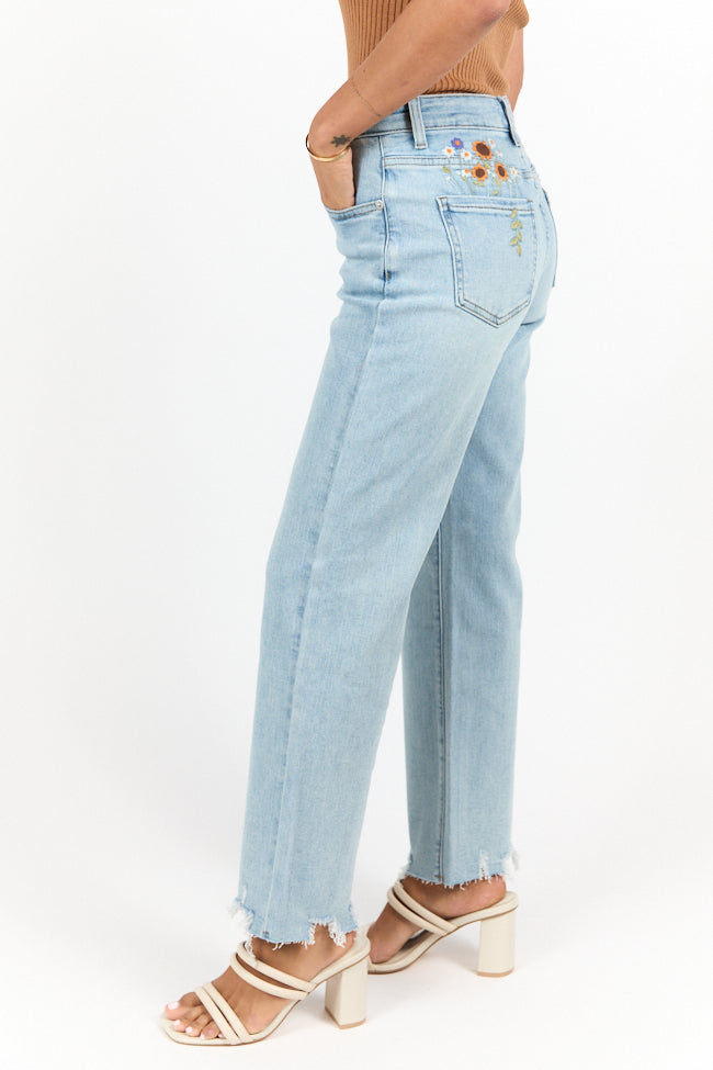 Lily Medium Wash Floral Embroidered Crop Relaxed Jeans FINAL SALE-Sunny Prom