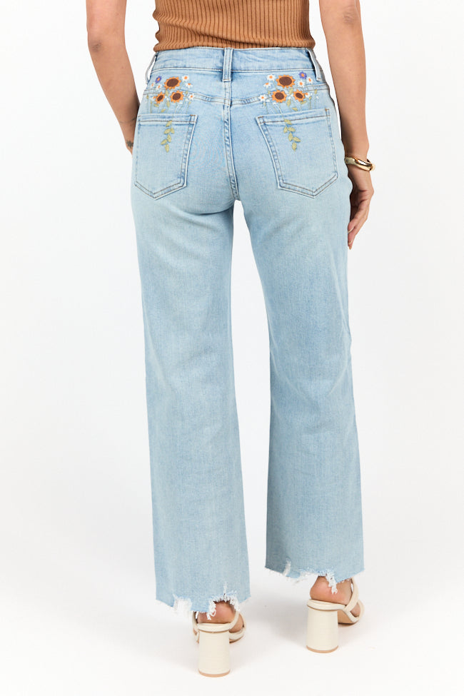 Lily Medium Wash Floral Embroidered Crop Relaxed Jeans FINAL SALE-Sunny Prom
