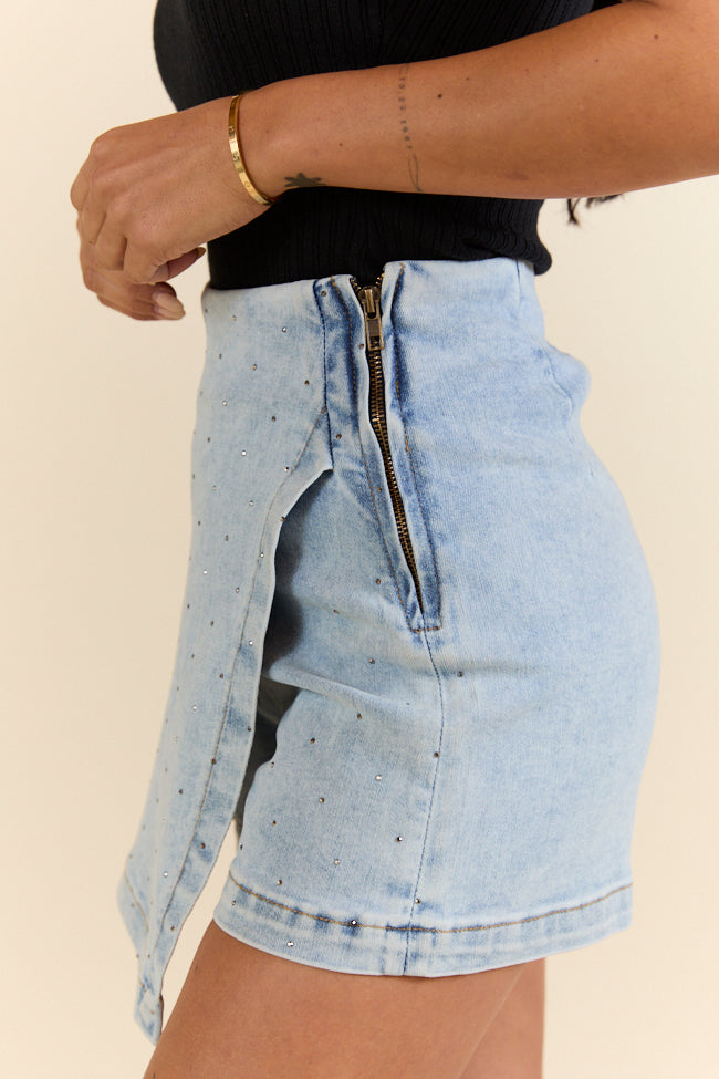 My Favorite Light Wash Rhinestone Studded Denim Skort-Sunny Prom