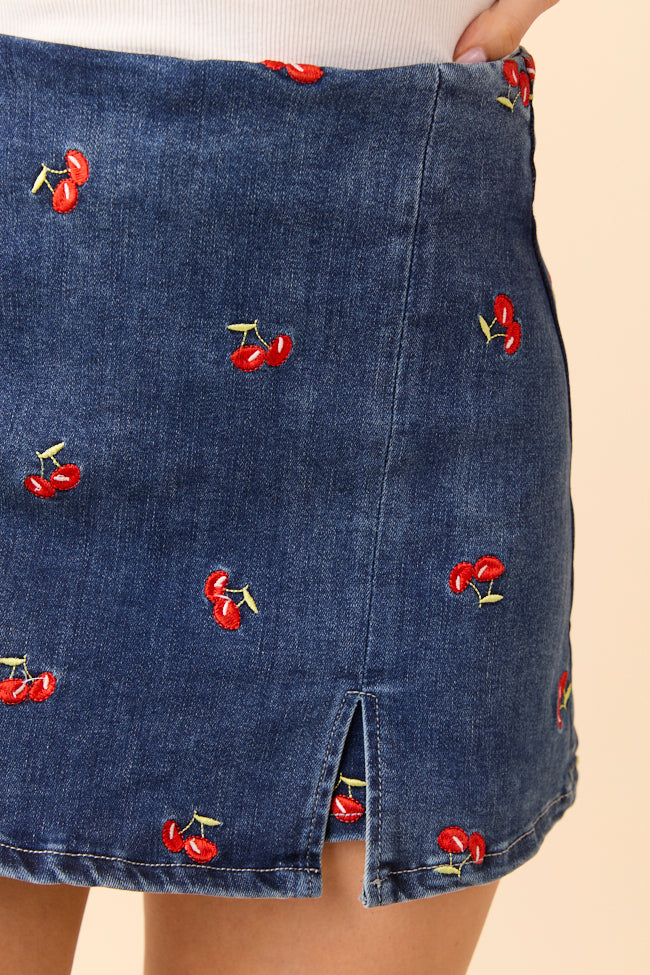 My Favorite Dark Wash Cherry Embroidered Side Slit Denim Skort-Sunny Prom