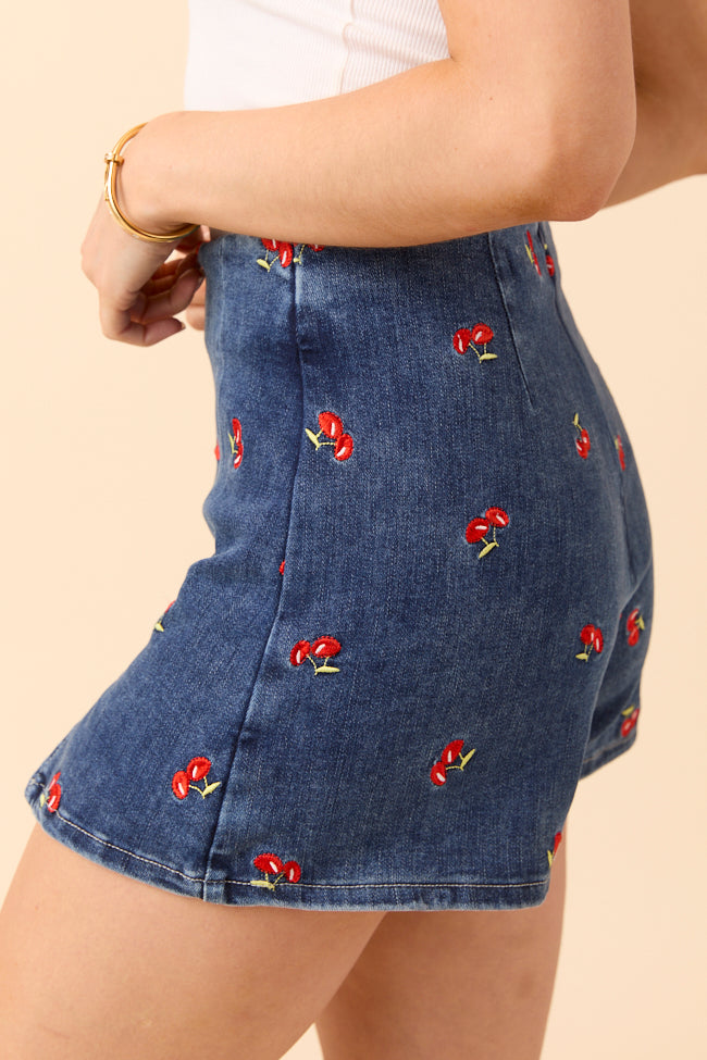 My Favorite Dark Wash Cherry Embroidered Side Slit Denim Skort-Sunny Prom