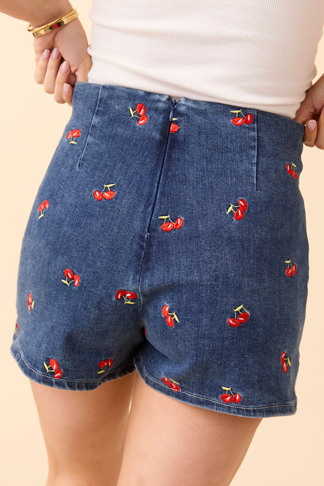 My Favorite Dark Wash Cherry Embroidered Side Slit Denim Skort-Sunny Prom