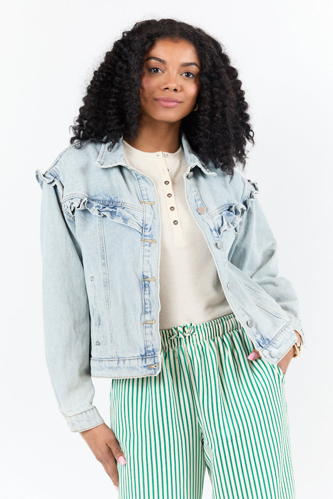 Told You So Light Wash Ruffle Trim Denim Jacket SALE-Sunny Prom