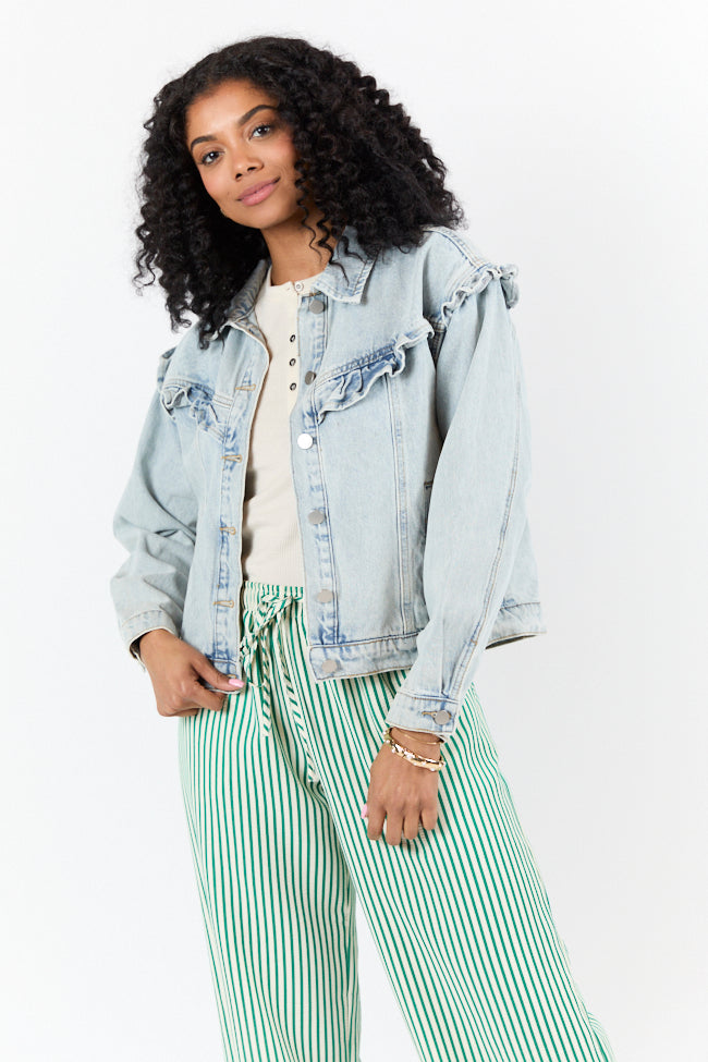 Told You So Light Wash Ruffle Trim Denim Jacket SALE-Sunny Prom