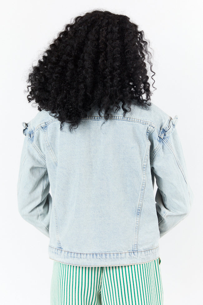 Told You So Light Wash Ruffle Trim Denim Jacket SALE-Sunny Prom