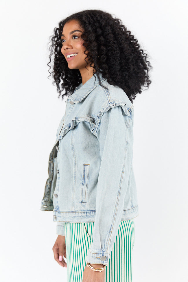 Told You So Light Wash Ruffle Trim Denim Jacket SALE-Sunny Prom